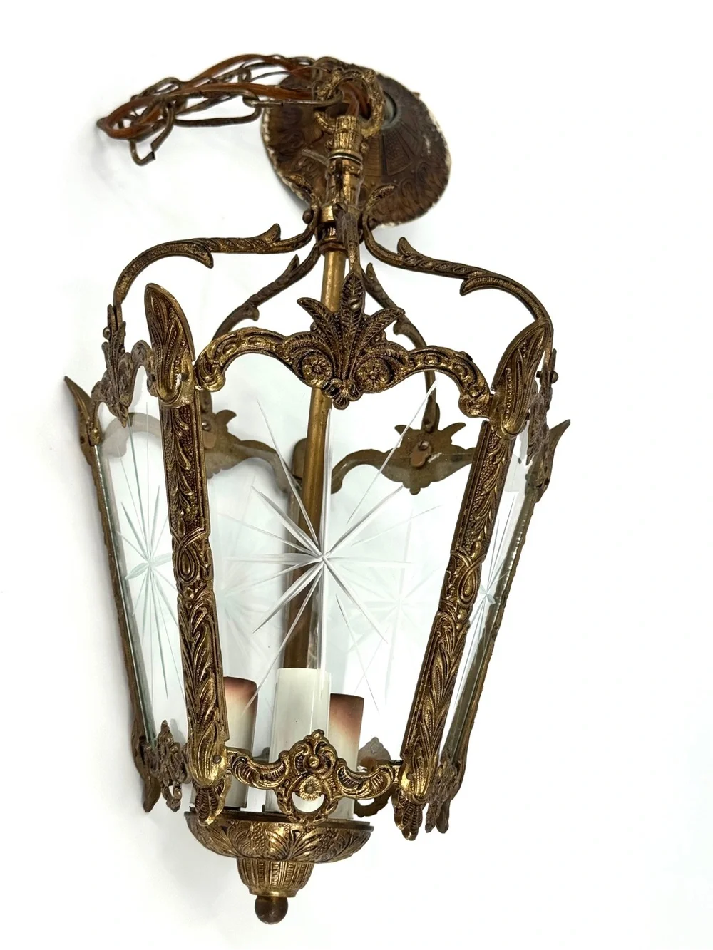 Antique French Rococo Style Brass Birdcage Lantern Pendant Light